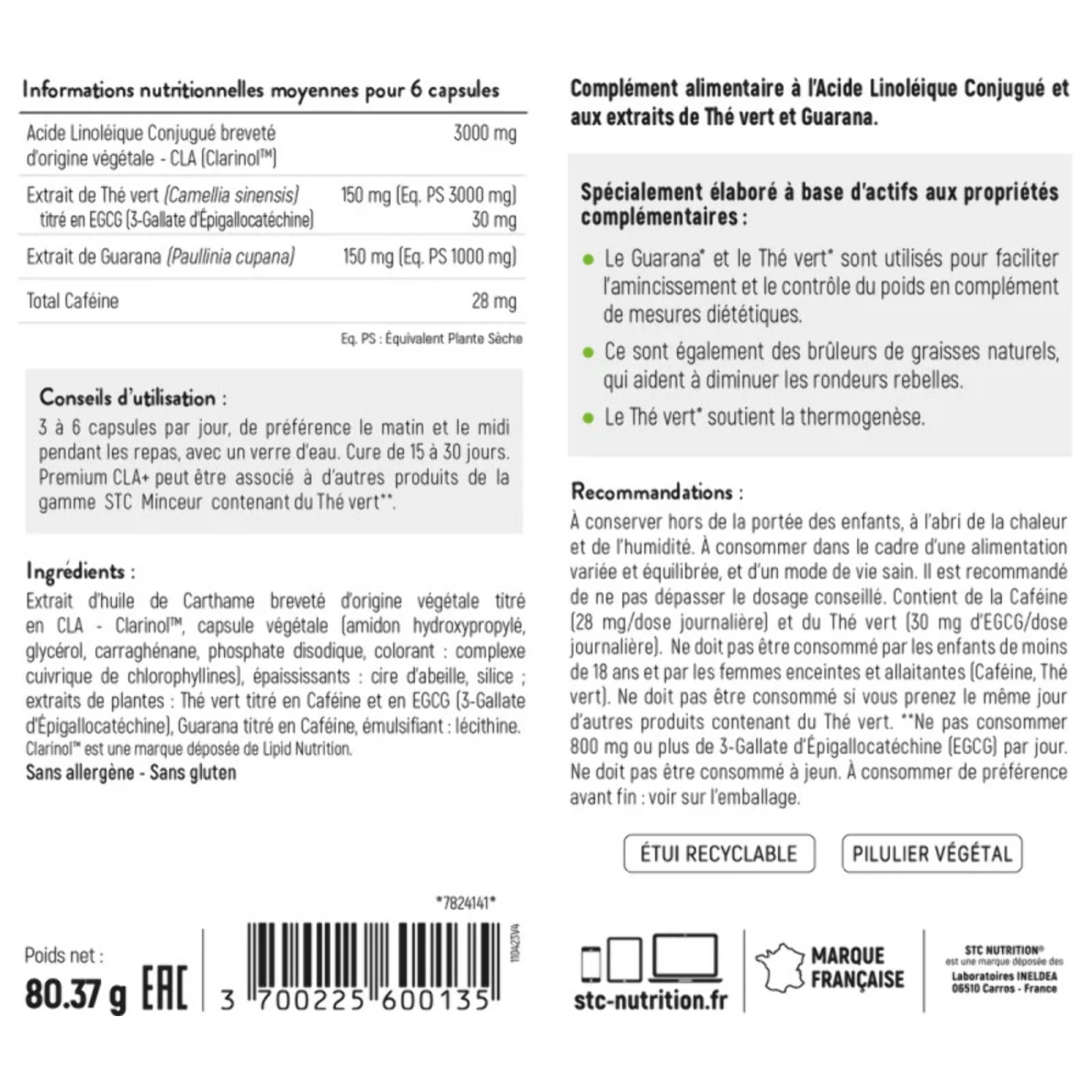 Premium CLA+ - Brûle-graisse spécial rondeurs rebelles - Réduit le stockage de masse grasse - Actif breveté - Cure de 15 à 30 jours