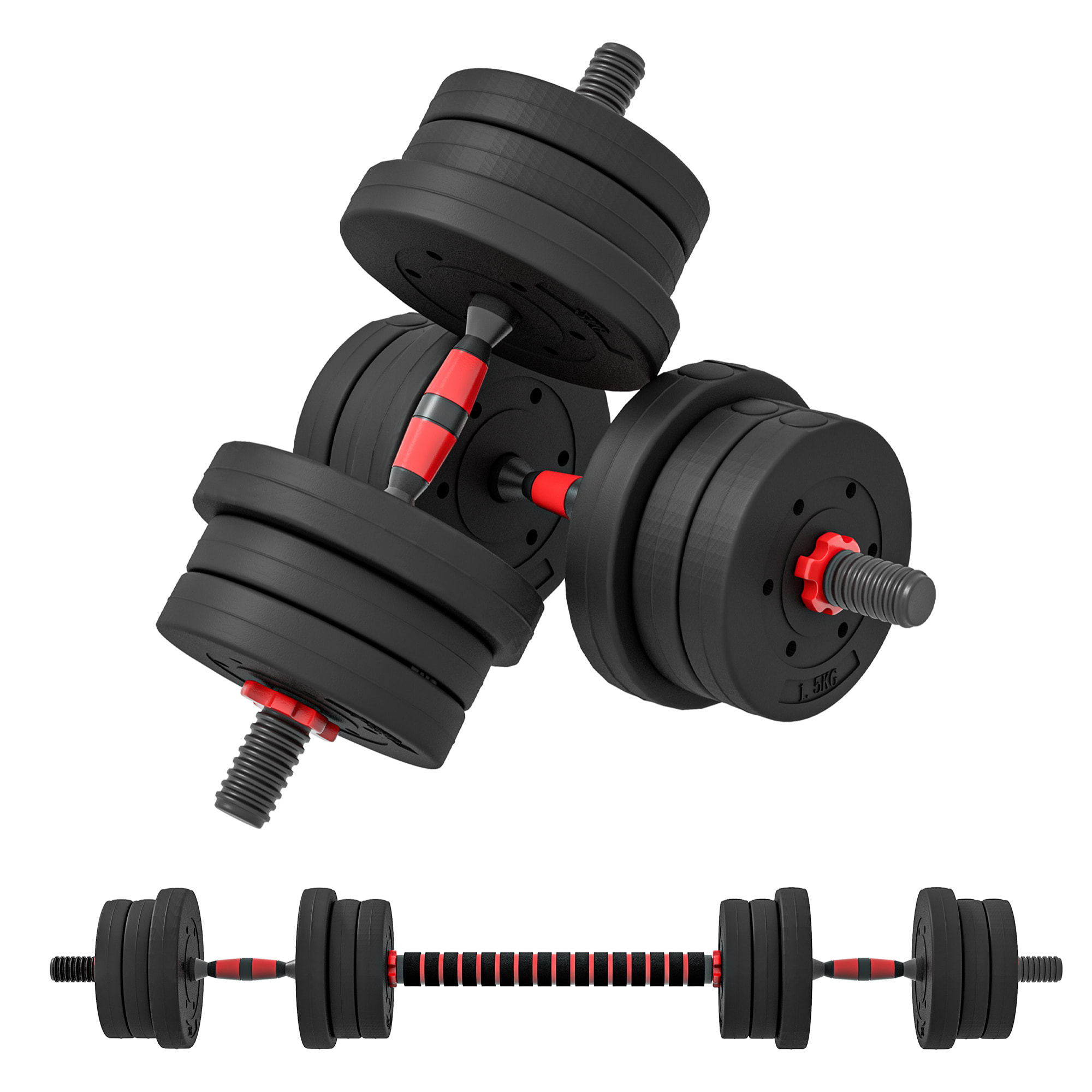 Ensemble d'haltères courtes total 20 Kg - barres incluses - entraînement musculaire & haltérophilie - acier HDPE noir rouge