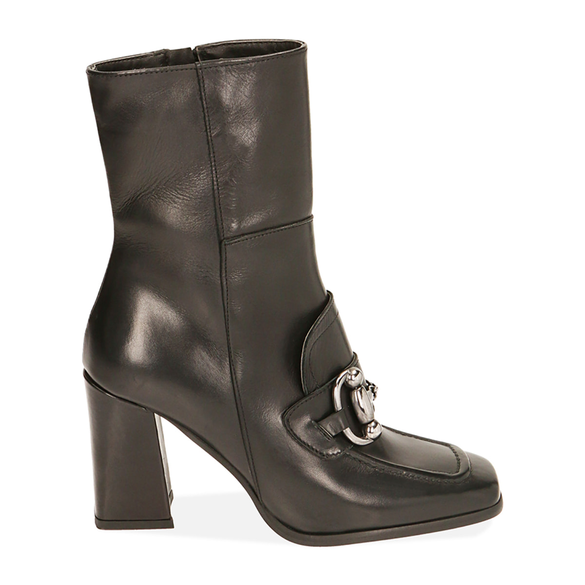 Ankle boots neri in pelle con staffa, tacco 9 cm