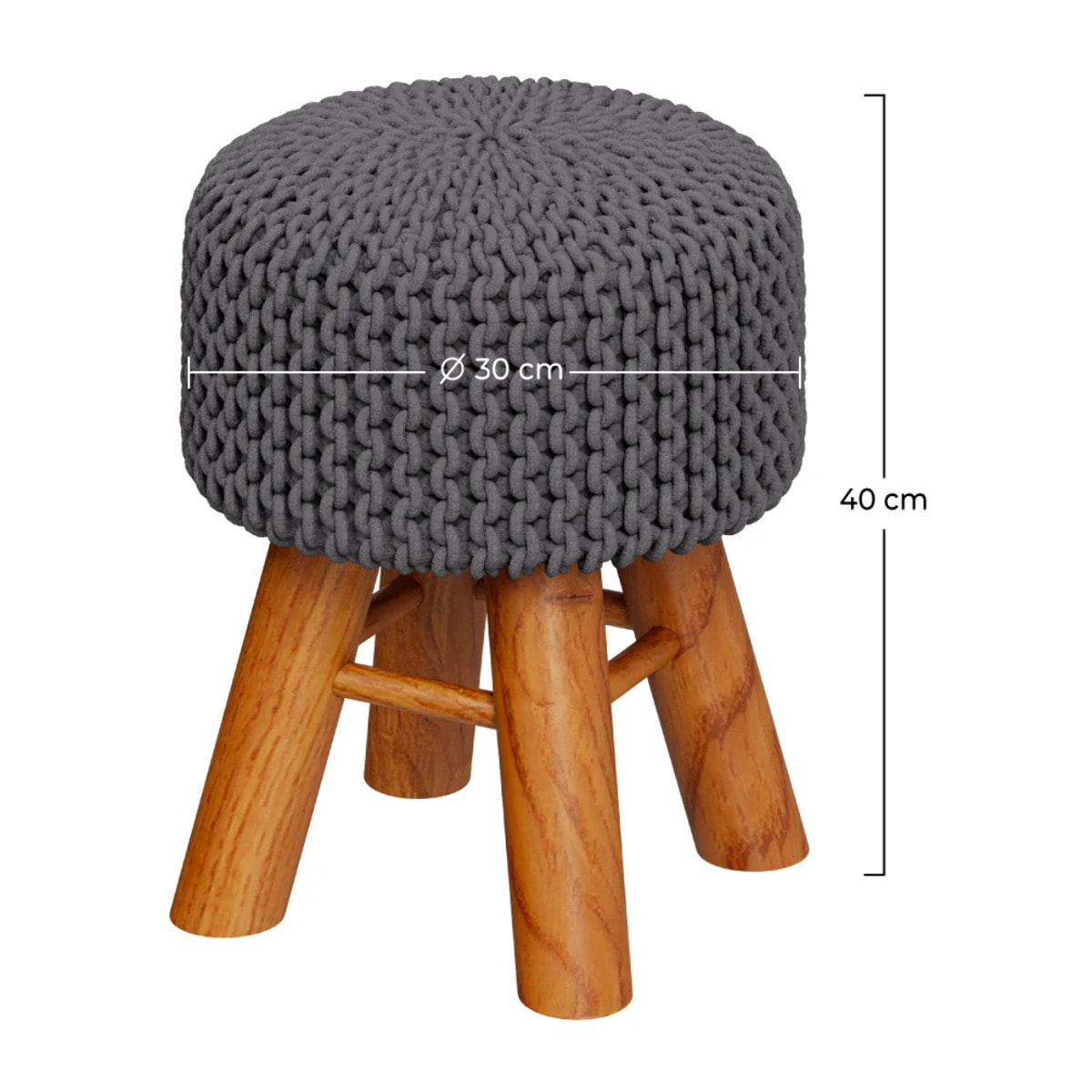 Petit tabouret rond en tricot coton gris foncé et pieds en bois - Lisa