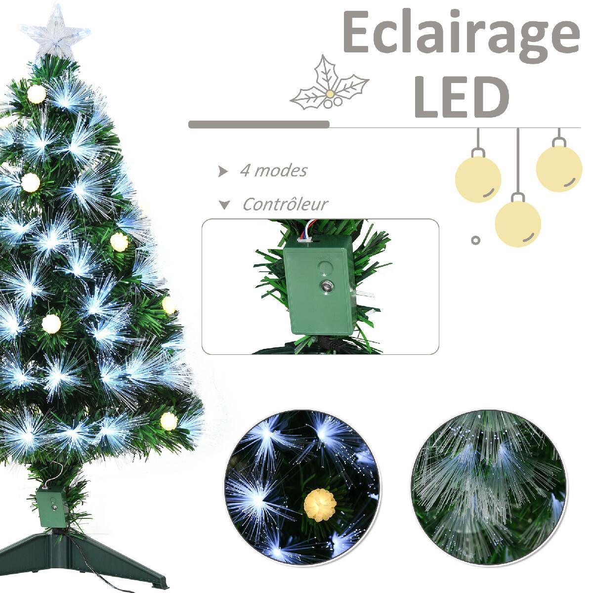 Sapin de Noël artificiel lumineux fibre optique LED + 14 ampoules + support pied Ø 48 x 90H cm 90 branches étoile sommet brillante vert