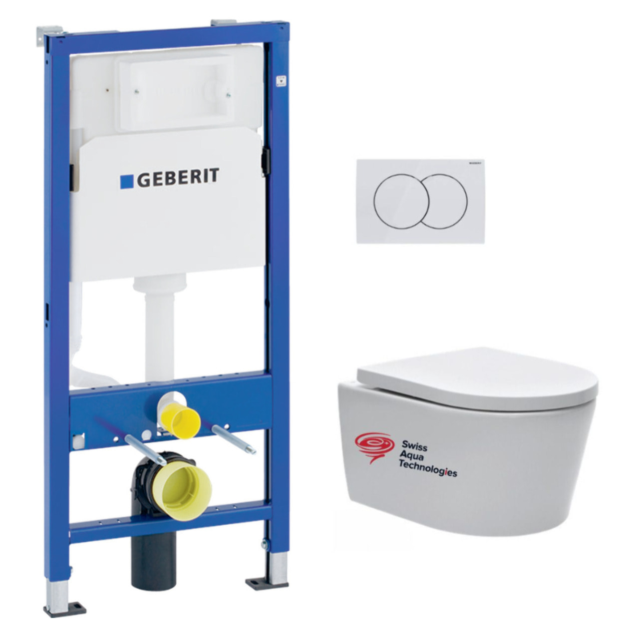 Pack WC bati-support Geberit + WC Swiss Aqua Technologies sans bride + plaque blanche (SATrimlessGeb1/BP)