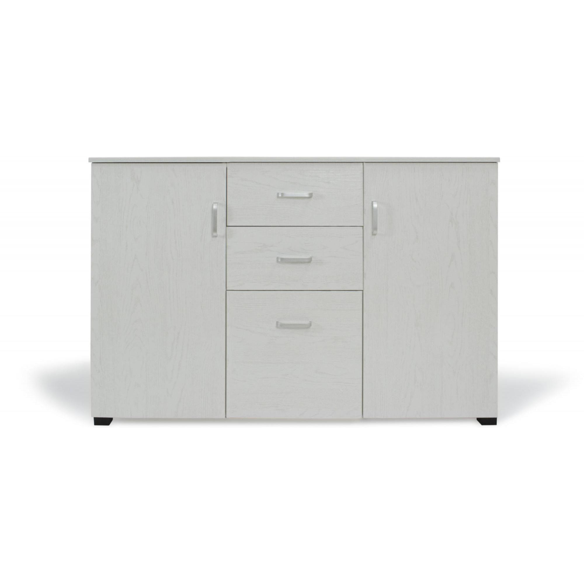 Credenza moderna a 3 ante e 2 cassetti, Buffet da cucina, Madia con scaffali e ripiani, Made in Italy, Mobile moderno, cm 120x40h83, colore Cemento