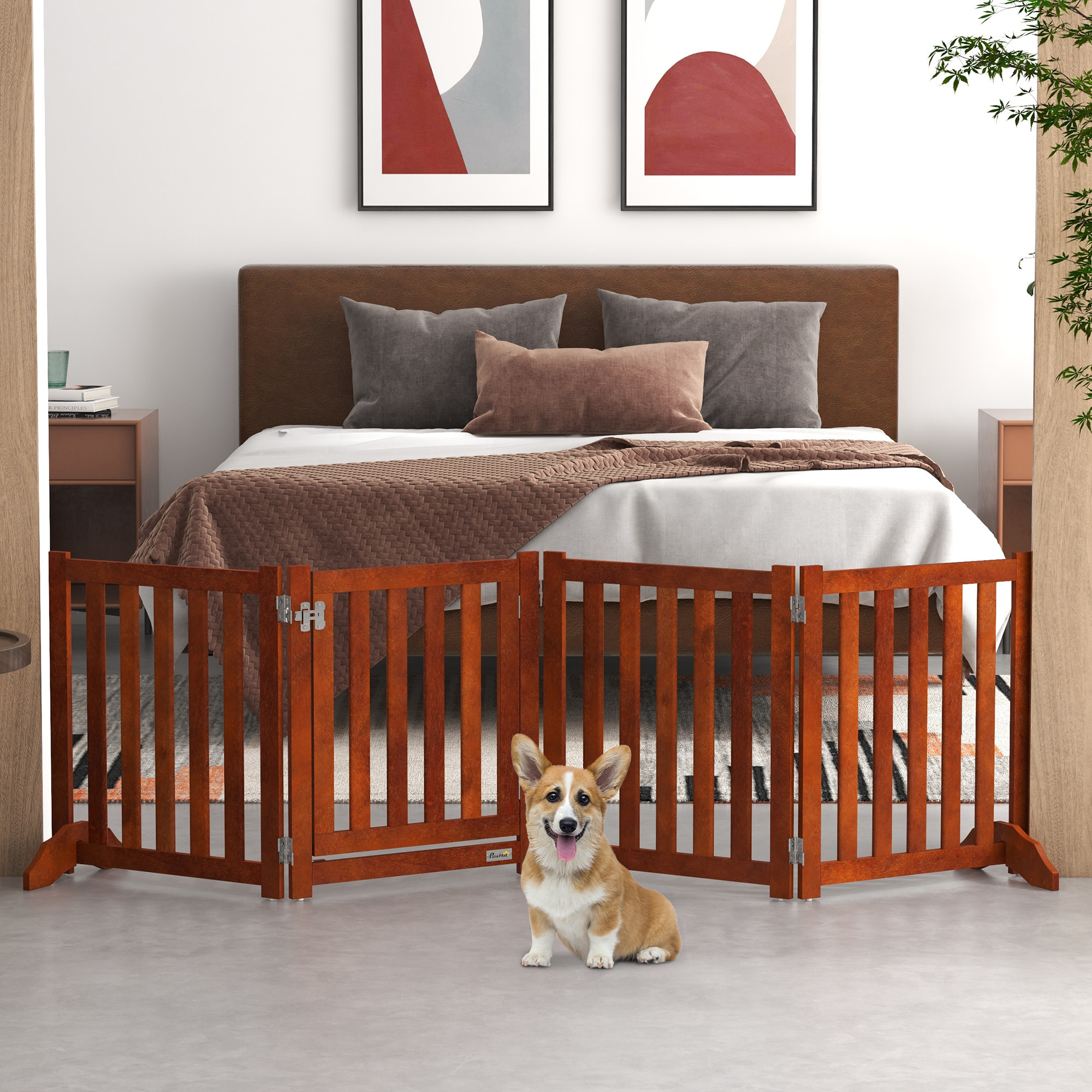 Barrière de sécurité chien pliable modulable autoportante avec porte max. 205 x 60 cm MDF effet acajou
