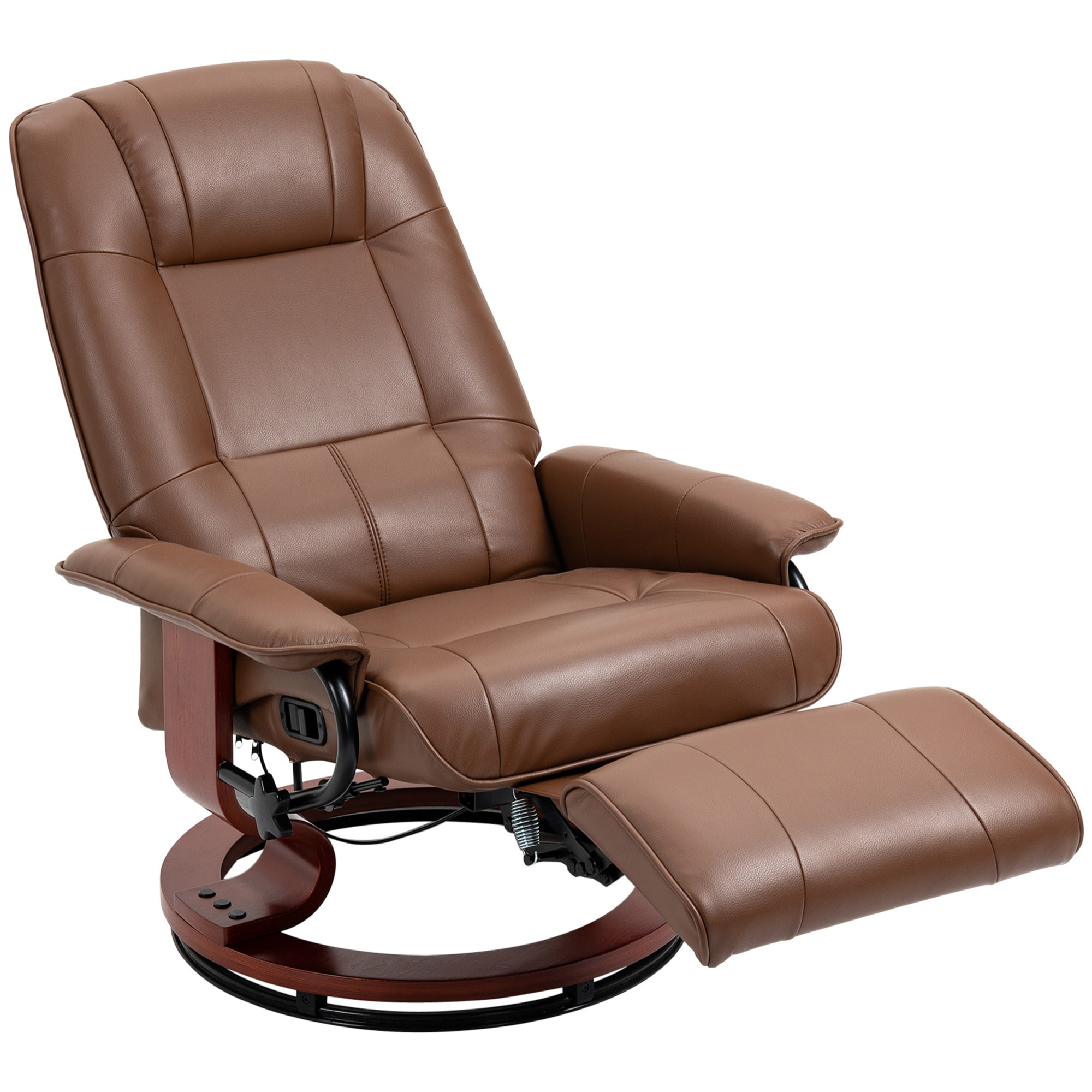 Fauteuil relax inclinable pivotant repose-pied réglable piètement bois revêtement synthétique marron