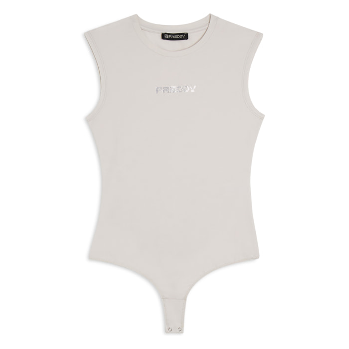 Body senza maniche in jersey stretch con logo strass