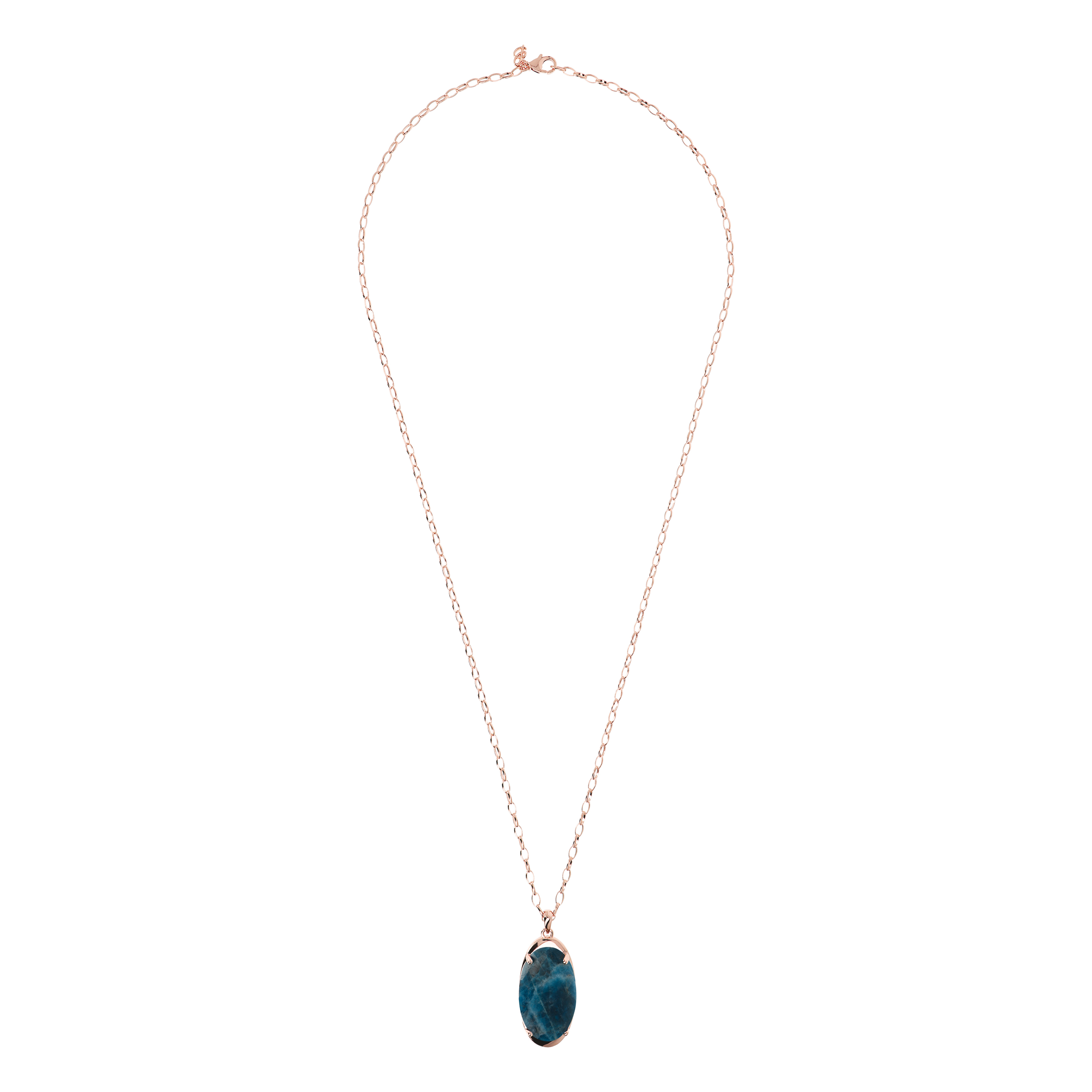 Collana Lunga Catena Rolo con Pendente in Pietra Naturale Ovale Apatite Blu