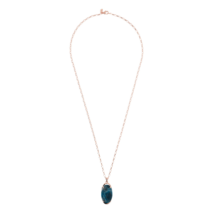 Collana Lunga Catena Rolo con Pendente in Pietra Naturale Ovale Apatite Blu