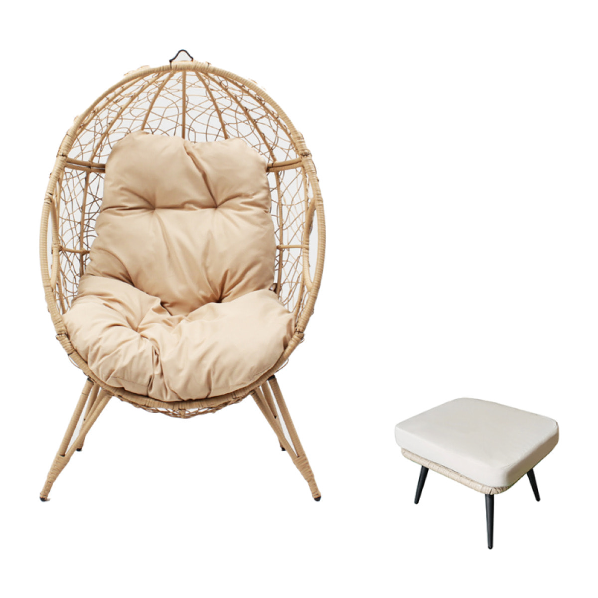 Ensemble d'extérieur : fauteuil suspendu effet rotin et repose-pieds avec coussin beige JIMMY