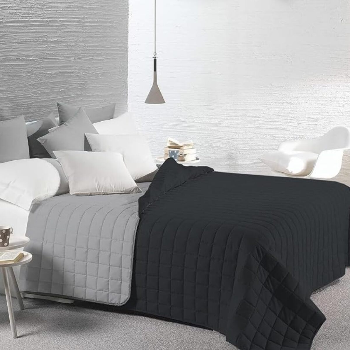 INTRECCI Copriletto Matrimoniale Estivo, Trapunta Estiva Matrimoniale, 260x260 cm, Coperta Estiva, anche Primaverile, Double Face, Moderna, Leggera, Elegante. Colore: Nero/Grigio