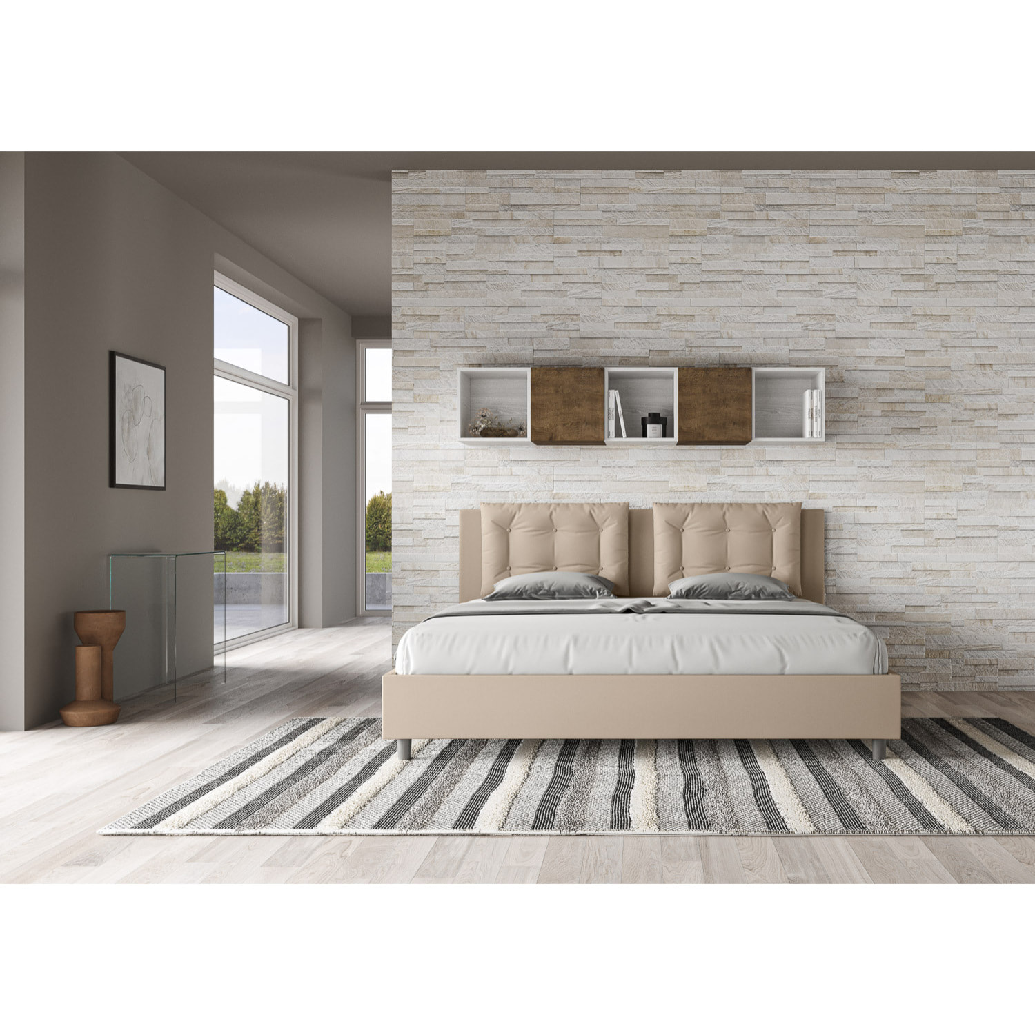 Lit king size coffre rembourré 180x210 similicuir taupe Annalisa