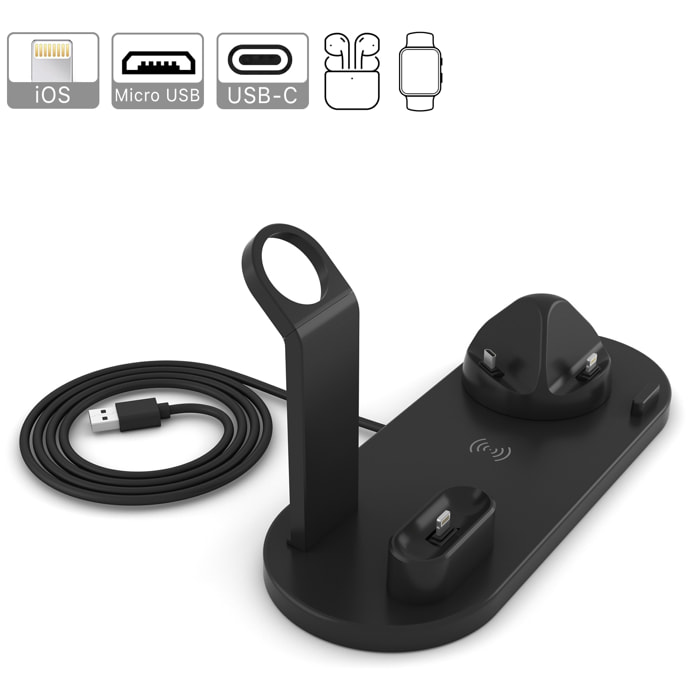 Base de carga 4 en 1 con carga inalámbrica QI, soporte giratorio con conexión lightning, micro USB y USB-C. Stand para Apple Watch y soporte con carga para Airpods.