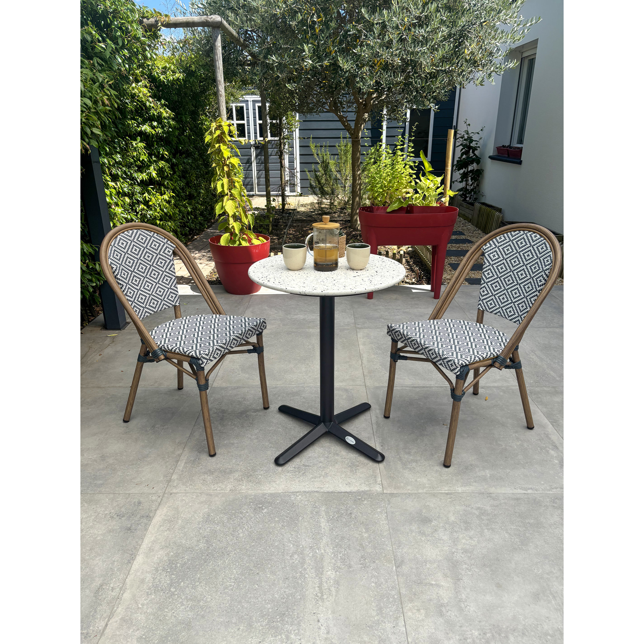 BISTRO - Ensemble repas de jardin 2 places en acier et plateau en terrazzo