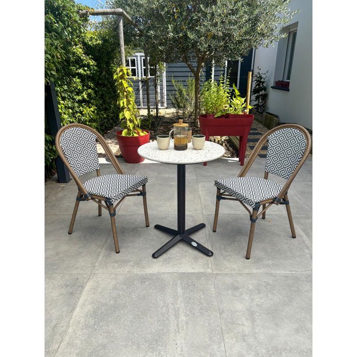 BISTRO - Ensemble repas de jardin 2 places en acier et plateau en terrazzo