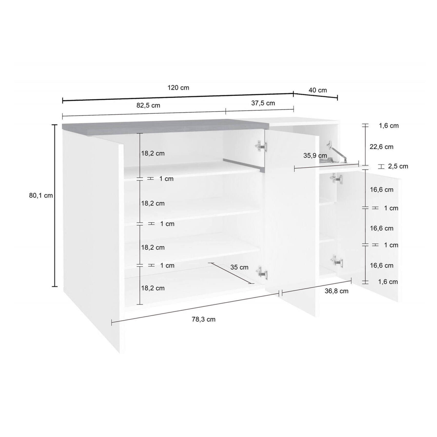 Scarpiera moderna, Made in Italy, 3 ante e 1 anta a ribalta, Portascarpe da ingresso, cm 120x40h80, colore Bianco lucido e Grigio Ardesia