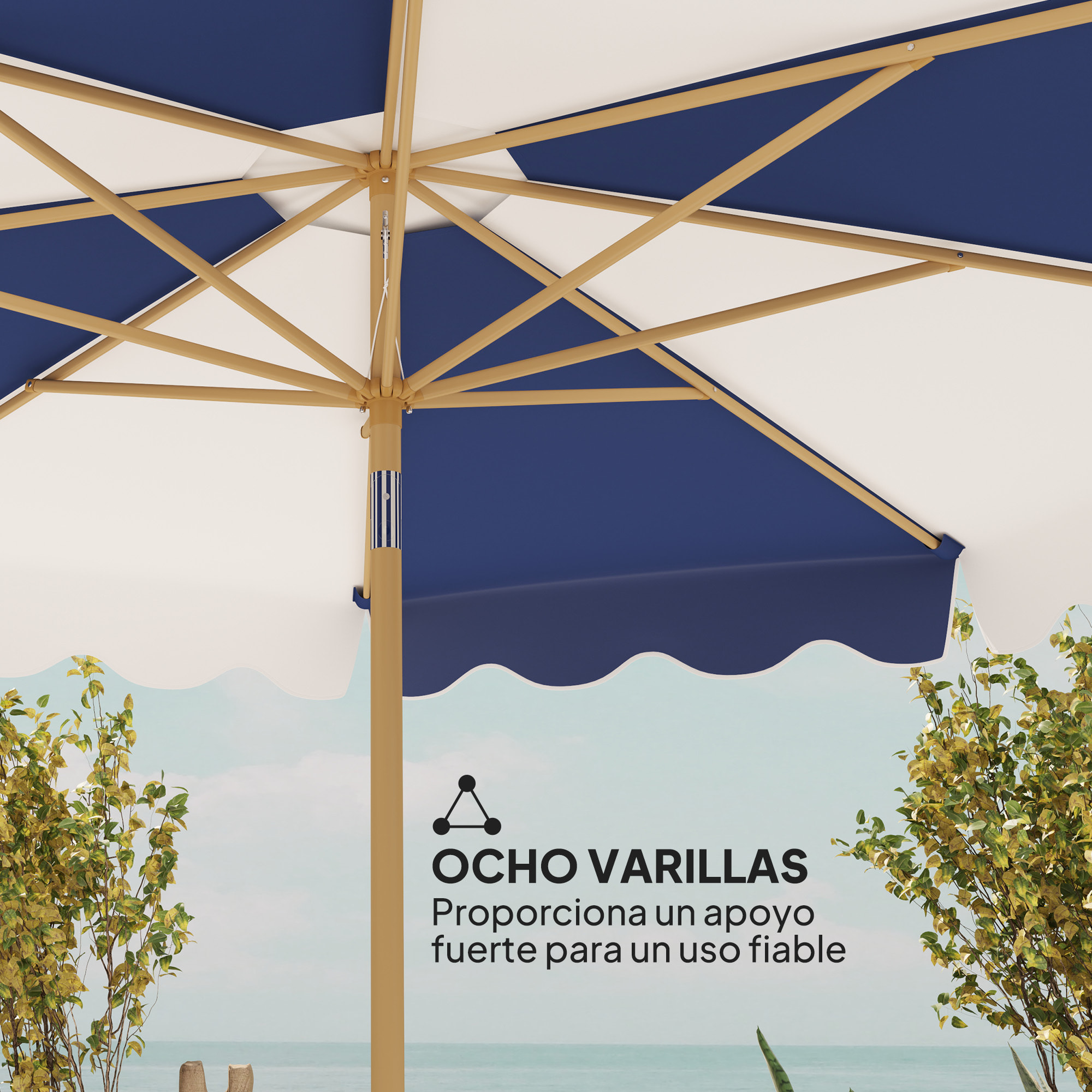 Sombrilla Terraza Exterior Ø267 cm Sombrilla de Jardín con Ángulo Inclinable y Manivela Protección UV 50+ Parasol para Patio Terraza Azul y Blanco