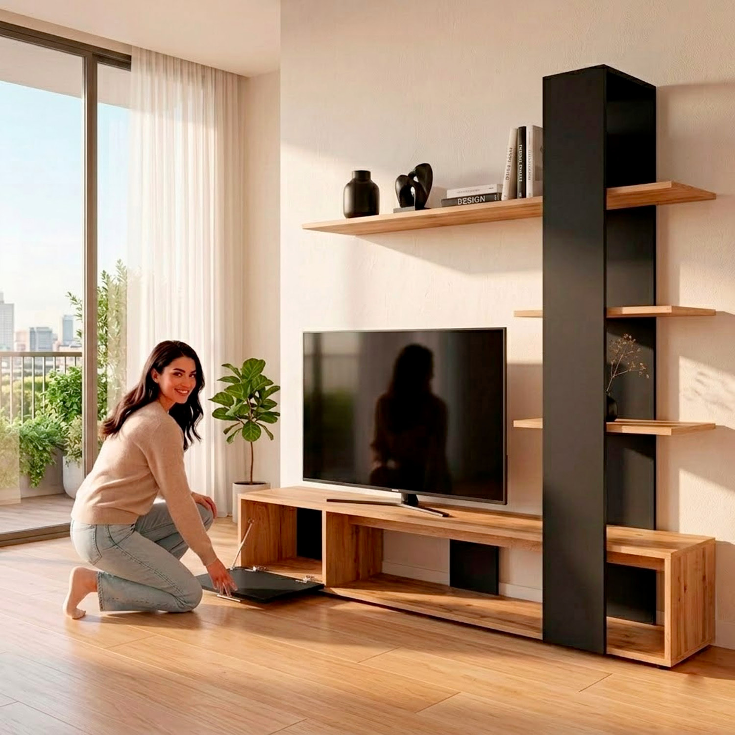 Parete Attrezzata Soggiorno Mobile Tv Ripiani Mensola Moderno Living Arredo Contemporaneo Contenitore Vani Salvaspazio 190x152x35 Cm Rovere E Nero