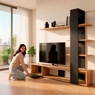 Parete Attrezzata Soggiorno Mobile Tv Ripiani Mensola Moderno Living Arredo Contemporaneo Contenitore Vani Salvaspazio 190x152x35 Cm Rovere E Nero