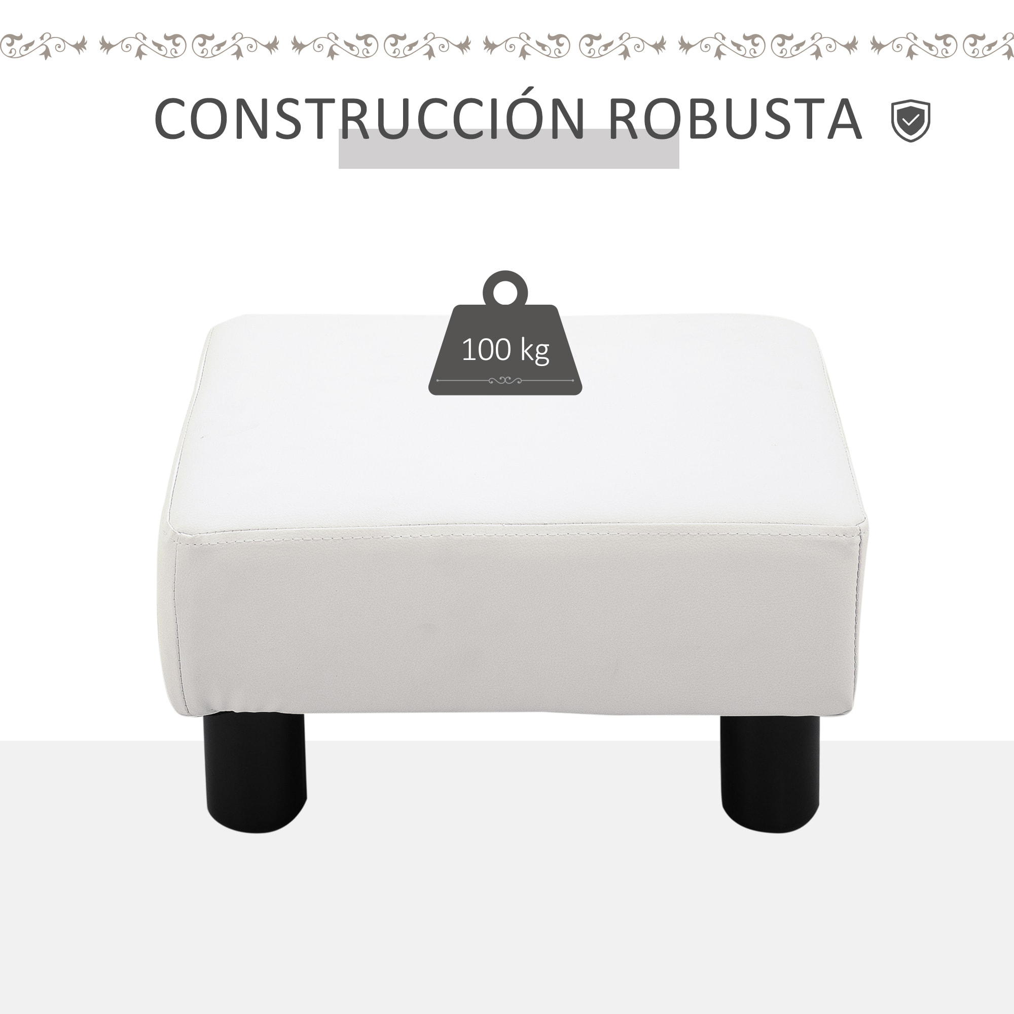 Reposapiés Otomano Taburete Pequeño Tapizado en Piel Sintética con Asiento Acolchado de Espuma y Patas de Plástico para Sofá Dormitorio 40x30x24 cm Blanco