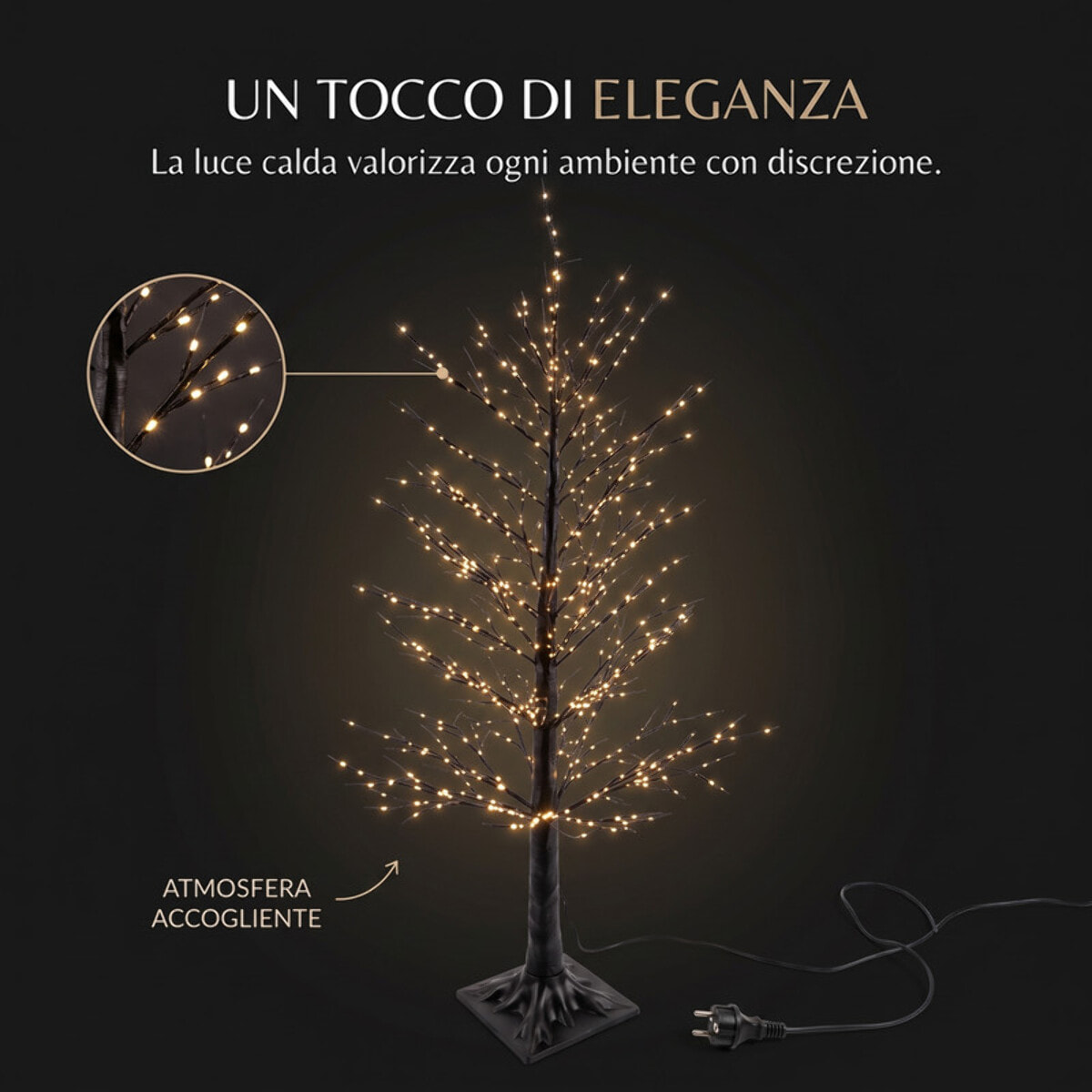 Albero luminoso decorativo con rami LED bianco caldo - Nero