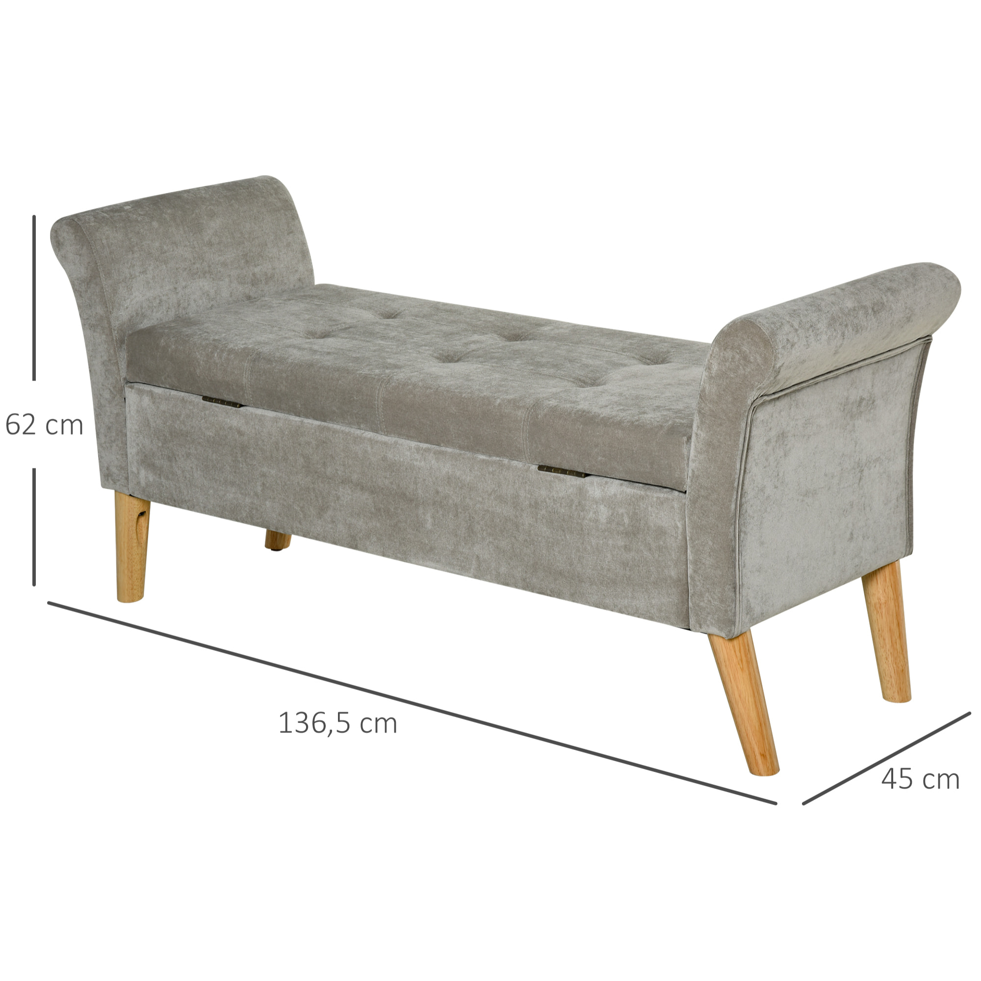 Banc Banquette Design Contemporain Accoudoirs Courbés Fonction de Rangement 2 en 1 136,5 x 45lx 62 cm Gris