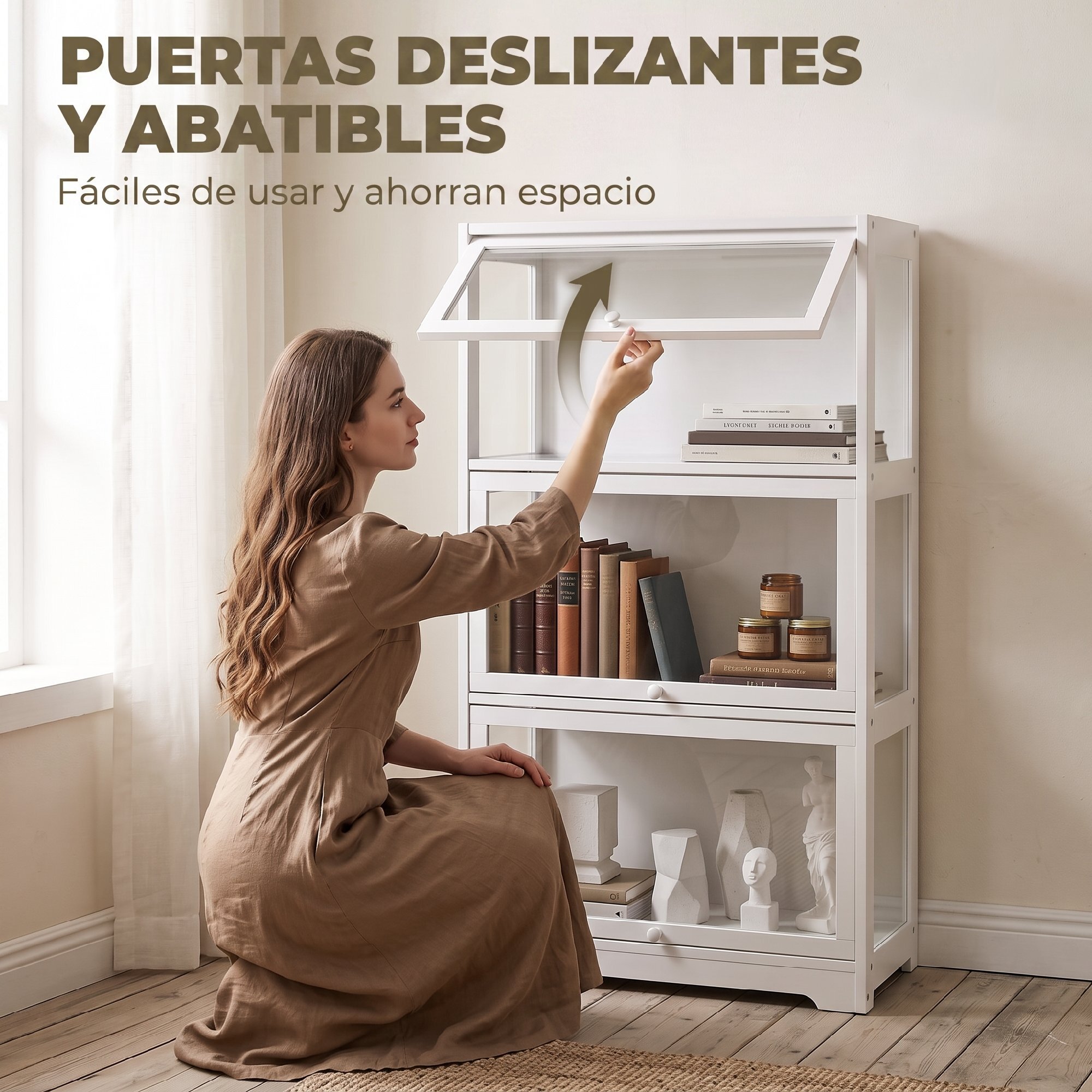 Vitrina Expositora para Colecciones de 3 Niveles, Vitrina con Puertas Abatibles de Acrílico, Anti-vuelco, Armario Auxiliar para Perfumes, Figuras de Decoración, 59x30x106 cm, Blanco