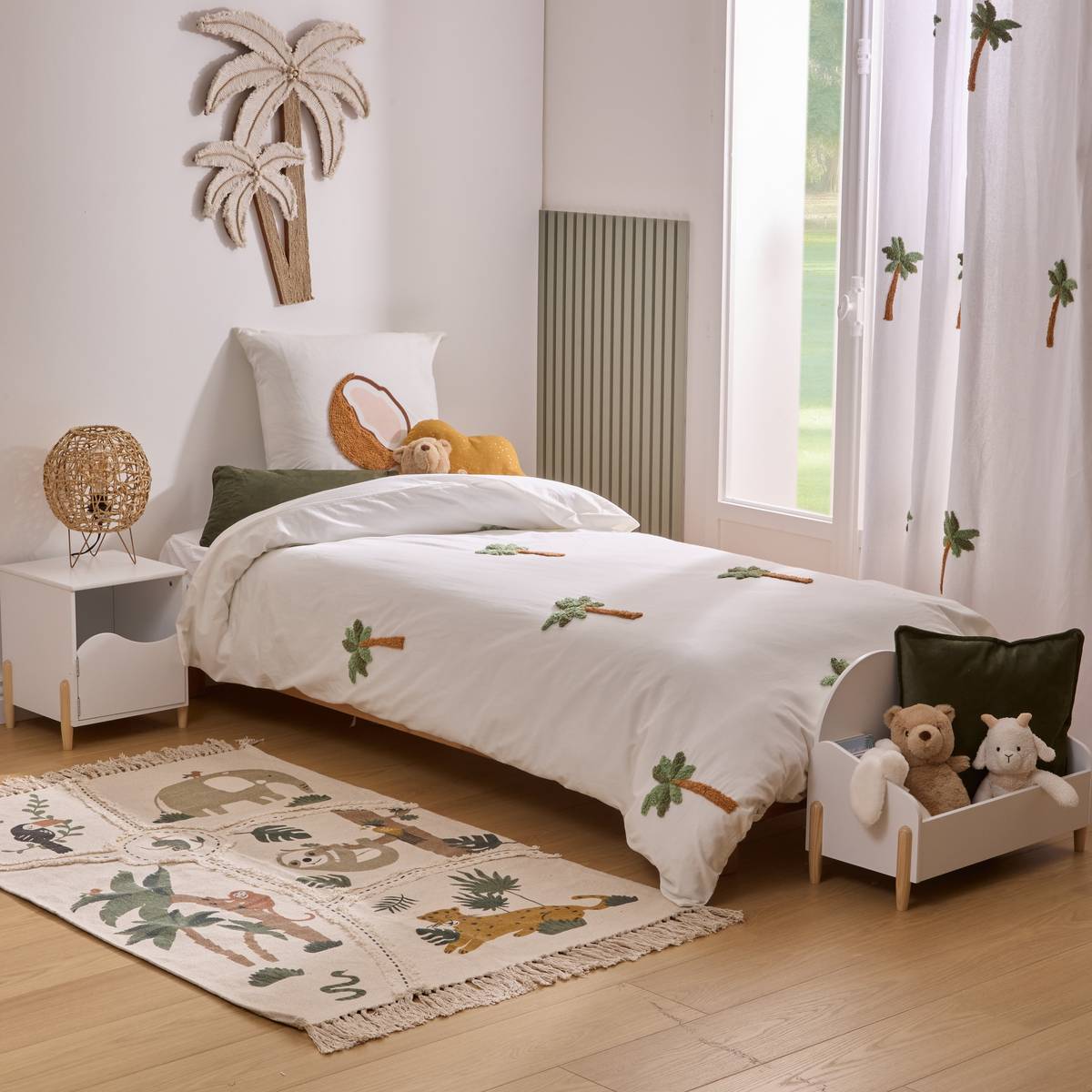 Parure de Lit Tufy 140x200 cm Blanc Imprimé Palmier et Noix de Coco