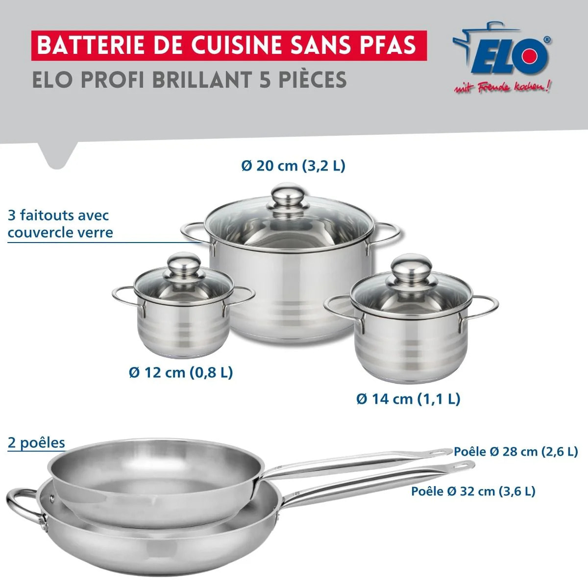 Ensemble de 2 Poêles de cuisson 28 et 32 cm et 3 faitouts 12, 14 et 20 cm Elo Profi Brillant