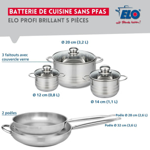 Ensemble de 2 Poêles de cuisson 28 et 32 cm et 3 faitouts 12, 14 et 20 cm Elo Profi Brillant