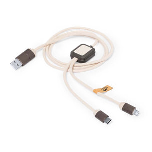 Cavo caricatore triplo in fibra/cotone marrone naturale: Micro USB, Tipo C e Lightning 5 V CC 2,4 A