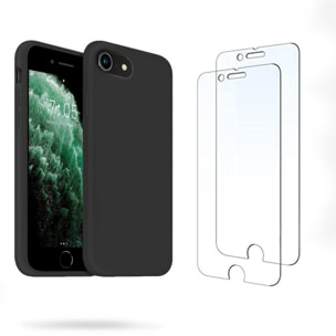 Coque iPhone 7/8/SE 2020 Silicone liquide Noire + 2 Vitres en Verre trempé Protection écran Antichocs