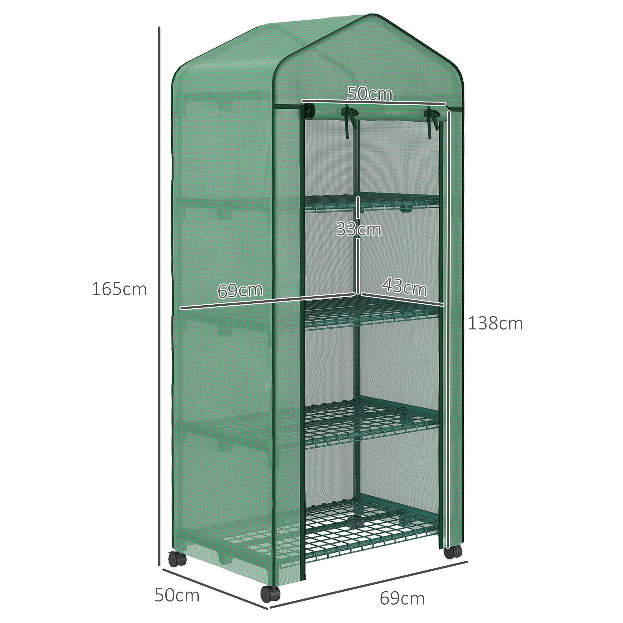 Serre de jardin balcon 4 étagères dim. 69 x 50 x 165 cm acier époxy bâche PE zippée haute densité vert