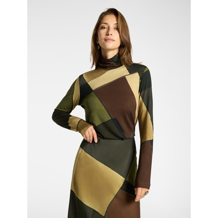 Elena Mirò - T-shirt dolcevita viscosa stampata - Verde militare