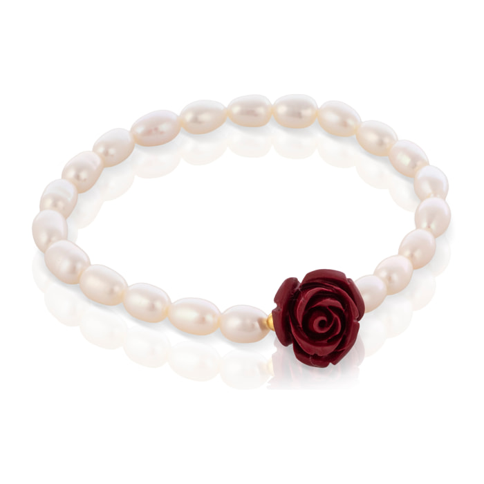 Venere Pulsera elástica de perlas naturales con adorno central de cinabrio y diseño de rosa.