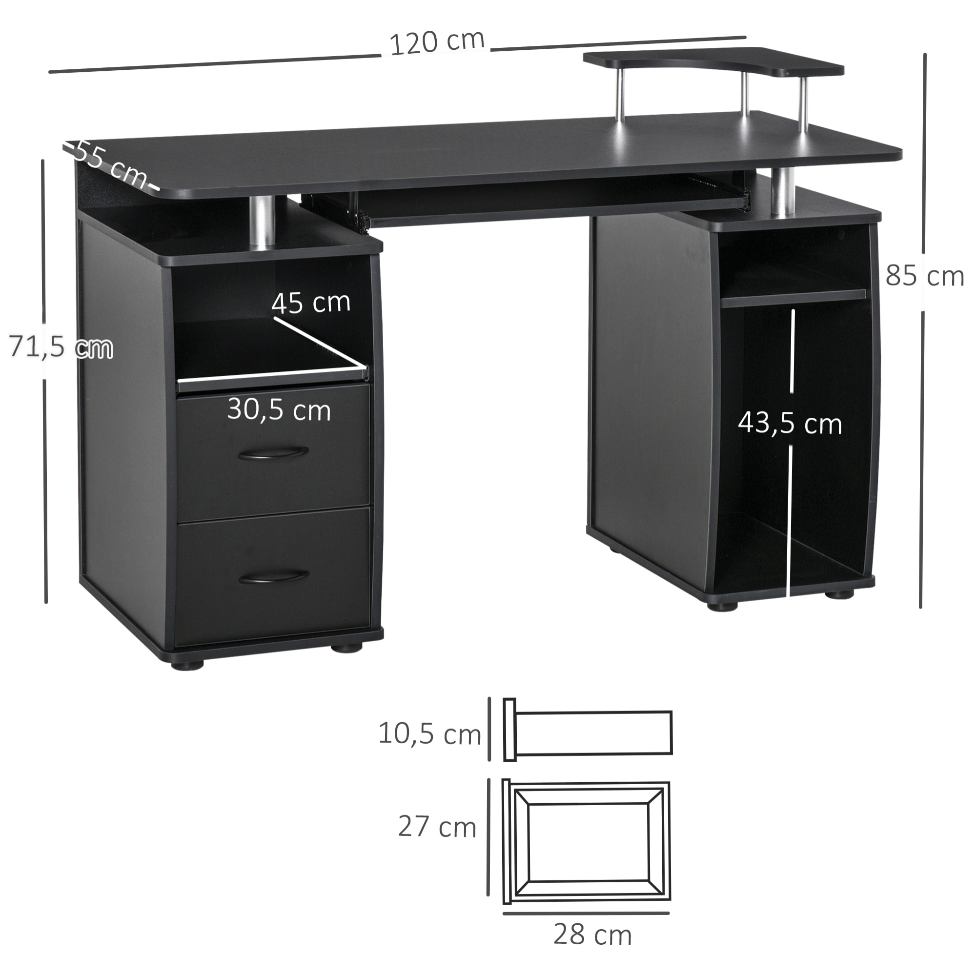 Bureau informatique multimédia multi-rangements 120L x 55l x 85H cm panneaux particules noir