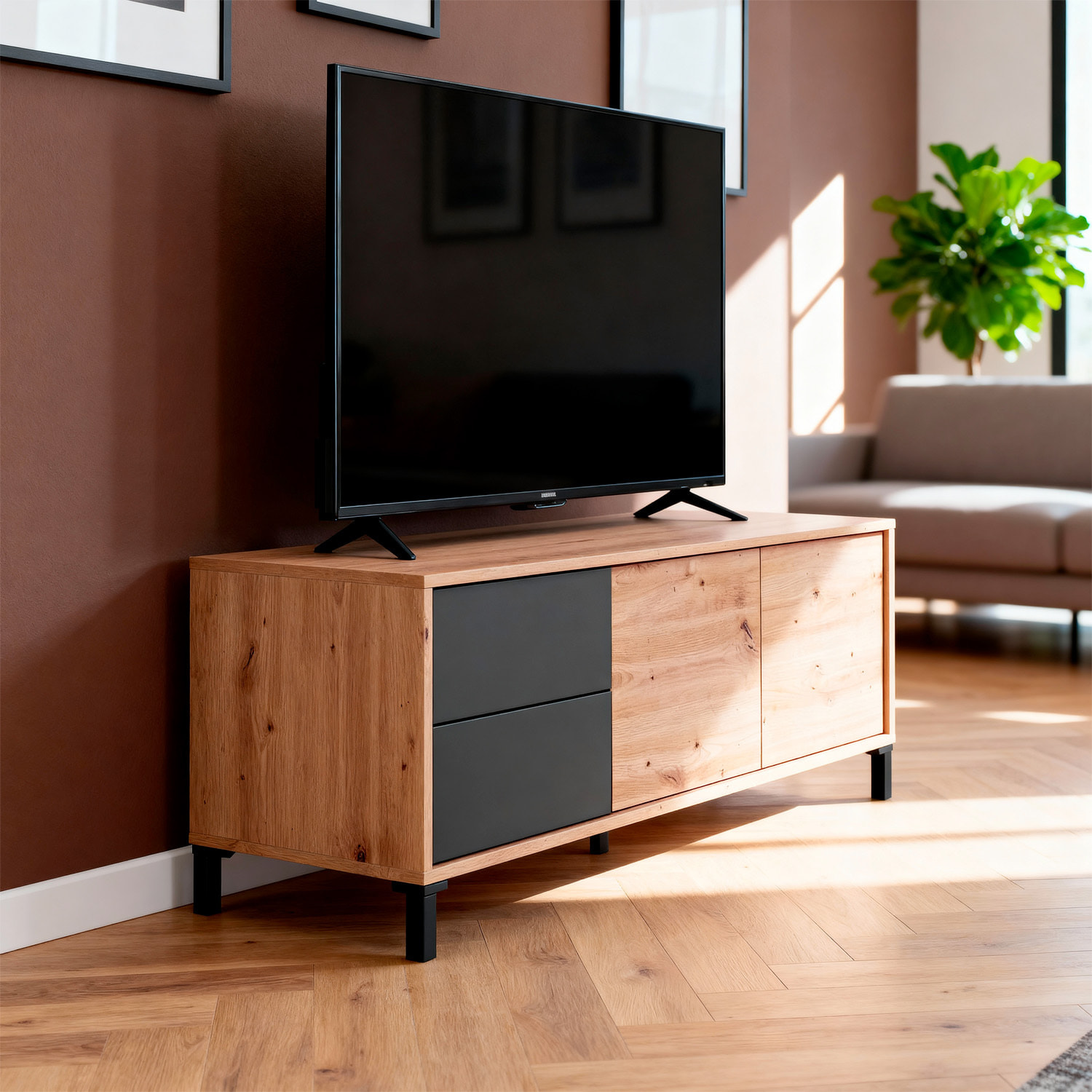 Mobile TV Madia Credenza Moderna Con 2 Ante E 2 Cassetti Mobile Contenitore Soggiorno Sala Pranzo Apertura Push 47x130x41 Cm Rovere e Grigio Antracite