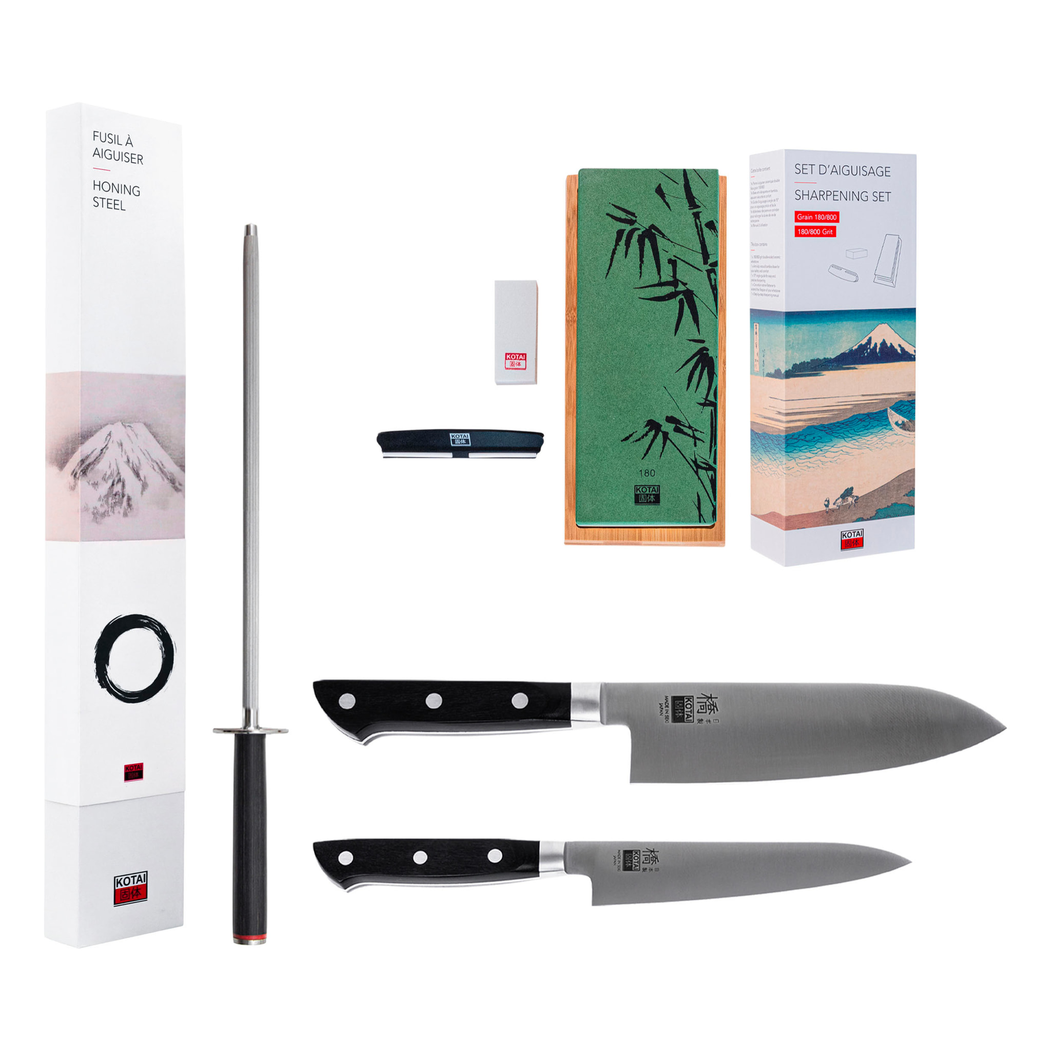 Le Set de Base Deluxe : 2 couteaux (petty + santoku) + set d'aiguisage grain 180/800 + fusil à aiguiser