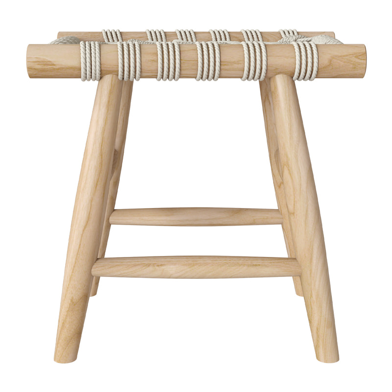 Tabouret tressé blanc en macramé et branche de teck - Kira
