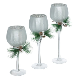 Lot de 3 photophore verre à pied H.30cm argent
