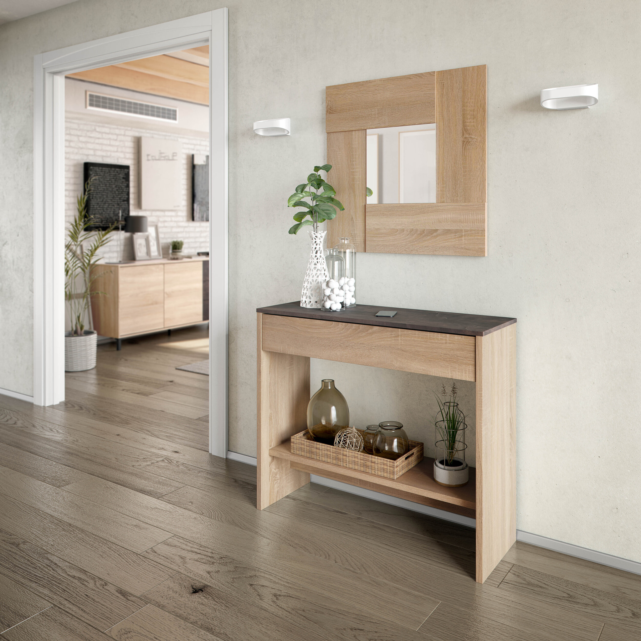 Consolle Mobile Ingresso Con Cassetto Ripiano E Specchio Quadrato Design Salvaspazio Moderno Per Soggiorno Camera Cameretta 92x33x79 cm Rovere