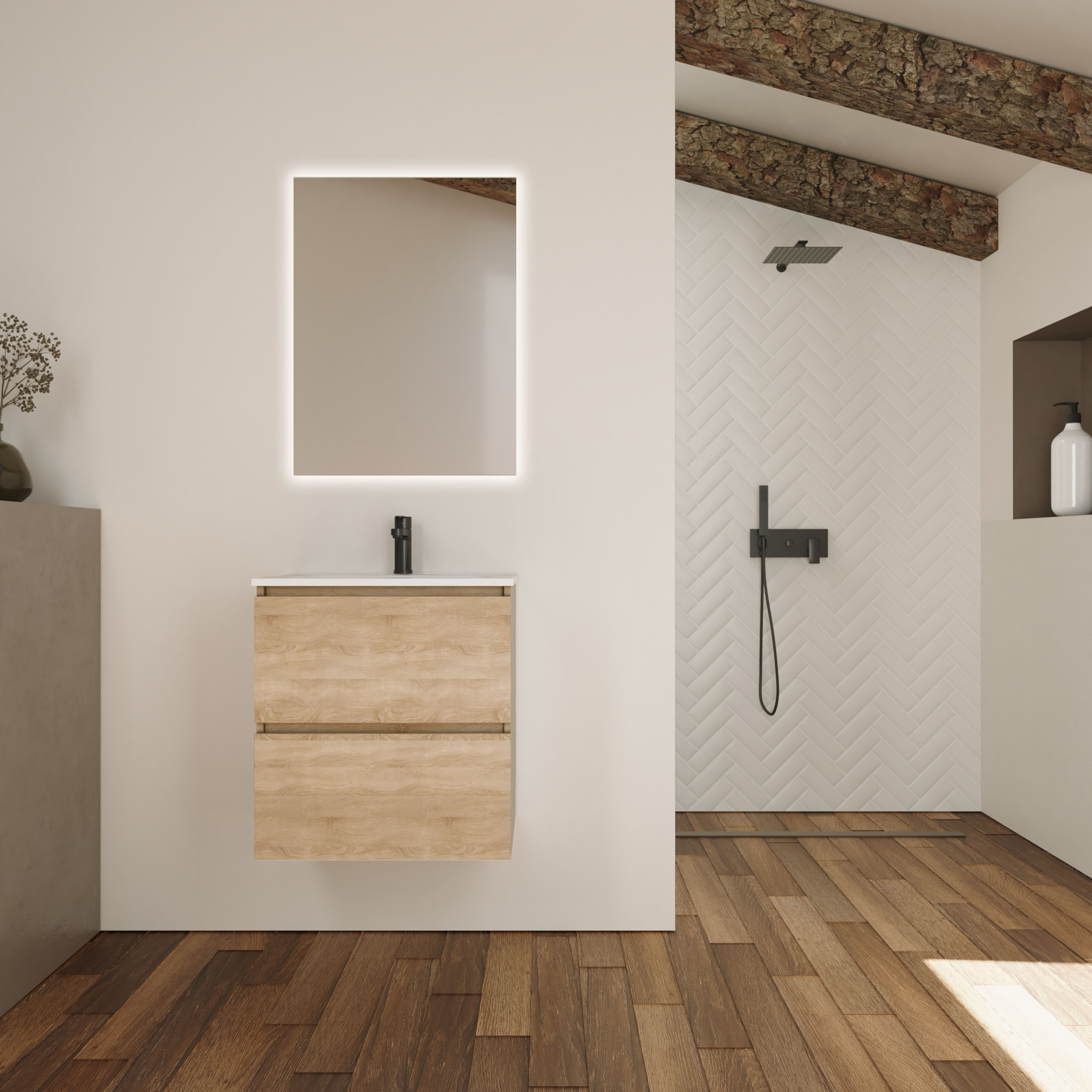 Conjunto de Baño Kaji | Mueble de Baño Suspendido | 60 cm Bardolino| Dos Cajones | Lavabo Encastrado | No incluye Espejo | Alday