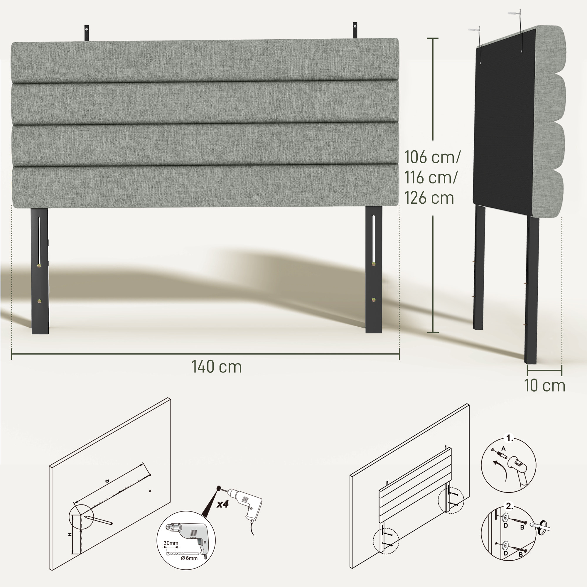Tête de lit matelassée hauteur réglable 3 niveaux dim. L.140 x P.10 x H.106/116/126 cm tissu gris