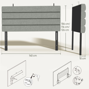 Tête de lit matelassée hauteur réglable 3 niveaux dim. L.140 x P.10 x H.106/116/126 cm tissu gris