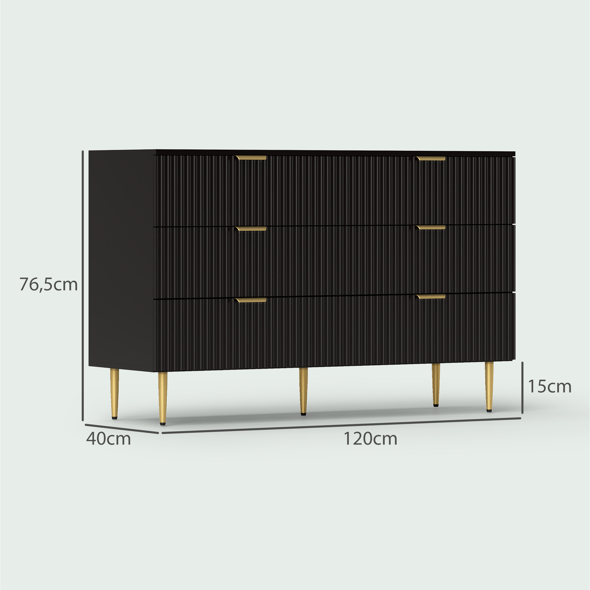 Commode 6 tiroirs design effet cannelé piètement poignées métal doré noir