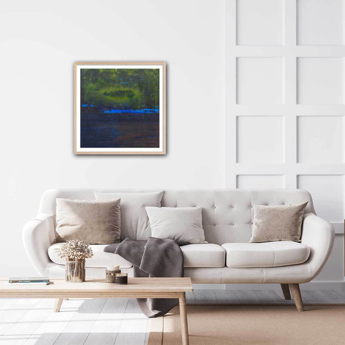 Affiche abstrait boreales bleues Affiche + cadre en bois - Chêne