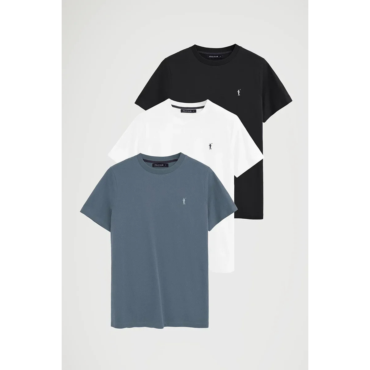 Pack uomo con tre magliette a maniche corte in nero, blu denim e bianco con ricamo Rigby Go