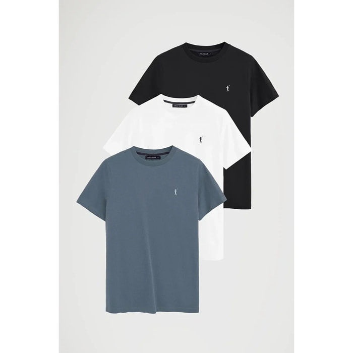 Pack uomo con tre magliette a maniche corte in nero, blu denim e bianco con ricamo Rigby Go
