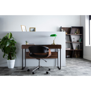 Chaise de bureau à roulettes design noir, bois foncé noyer et acier chromé ARAMIS