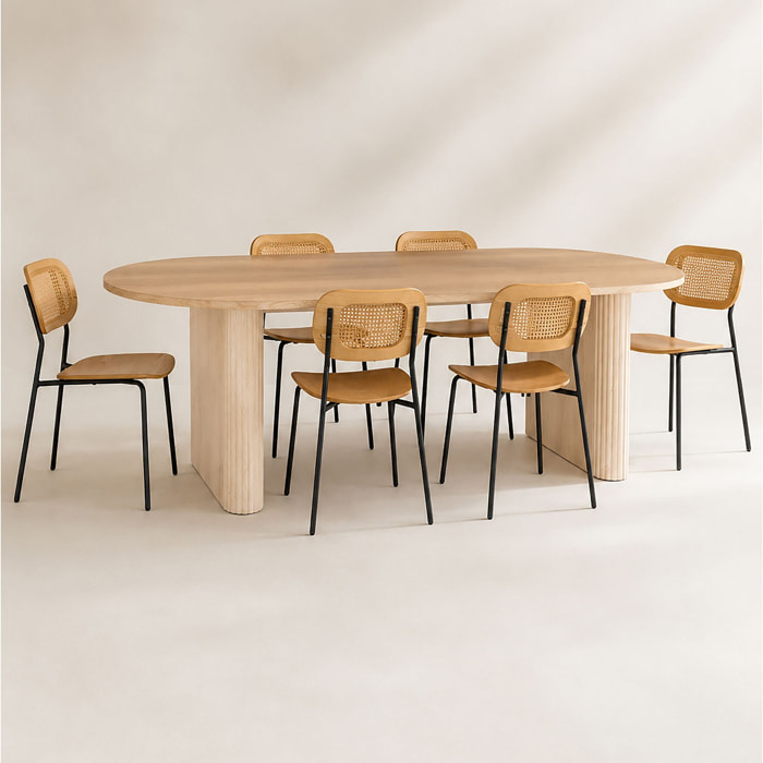 Ensemble table ovale effet bois 220cm et 6 chaises en rotin et bois NOSARA