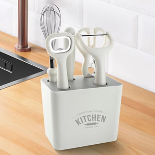 Juego de 5 utensilios de cocina multifuncionales con soporte de almacenamiento, incluye cuchillo, mezclador, tijeras, abrelatas y pelador.